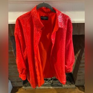 Like New Kittenish Red Neon Button Down Long Sleeve Fully Sequined Shirt…